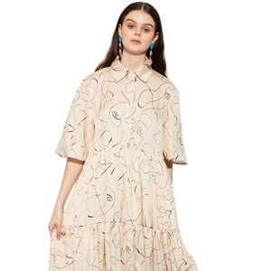 RARE EUC GHOSPELL Abstract Scribble Cream & Black Tiered Maxi Dress w/Collar MED